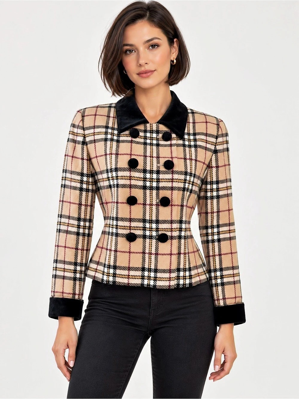 Vintage Kasper ASL Plaid Blazer Double Breasted Velvet Collar Jacket Petite 8
